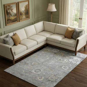 HomeRoots 9' X 12' Gray Gold Ivory Oriental Area Rug - Washable, UV Protected, Durable, Stylish for Any Room 693269