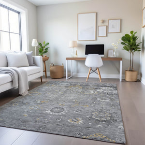 HomeRoots 9' X 12' Gray Gold Ivory Oriental Area Rug - Washable, UV Protected, Durable, Stylish for Any Room 693269