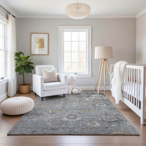 HomeRoots 9' X 12' Gray Gold Ivory Oriental Area Rug - Washable, UV Protected, Durable, Stylish for Any Room 693269