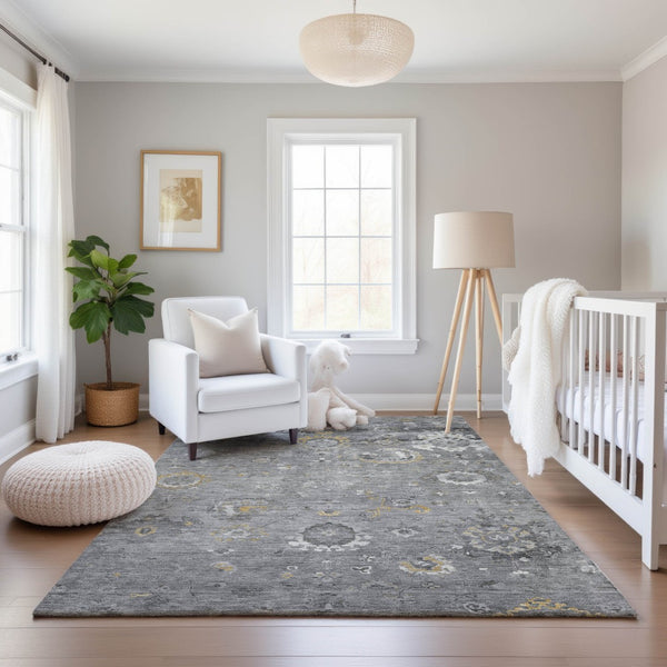 HomeRoots 9' X 12' Gray Gold Ivory Oriental Area Rug - Washable, UV Protected, Durable, Stylish for Any Room 693269