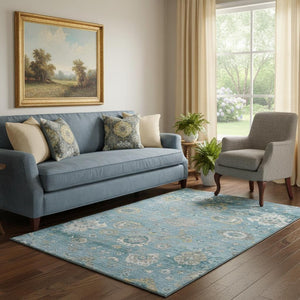 HomeRoots 5' X 8' Teal Gold and Ivory Washable Oriental Area Rug – Stain Resistant, UV Protected, Durable Design 693278
