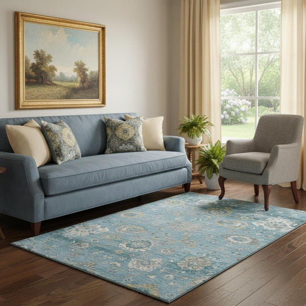 HomeRoots 5' X 8' Teal Gold and Ivory Washable Oriental Area Rug – Stain Resistant, UV Protected, Durable Design 693278