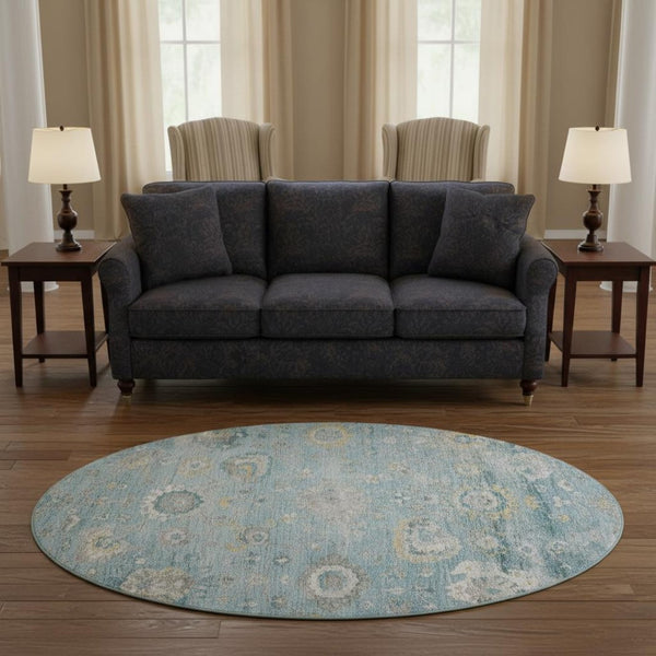 HomeRoots 8' X 8' Teal, Gold & Ivory Oriental Washable Round Rug - UV Protected, Non-Slip & Stain-Resistant! 693279