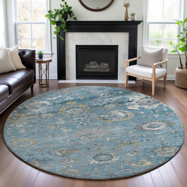 HomeRoots 8' X 8' Teal, Gold & Ivory Oriental Washable Round Rug - UV Protected, Non-Slip & Stain-Resistant! 693279