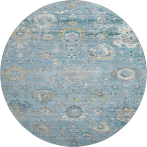 HomeRoots 8' X 8' Teal, Gold & Ivory Oriental Washable Round Rug - UV Protected, Non-Slip & Stain-Resistant! 693279