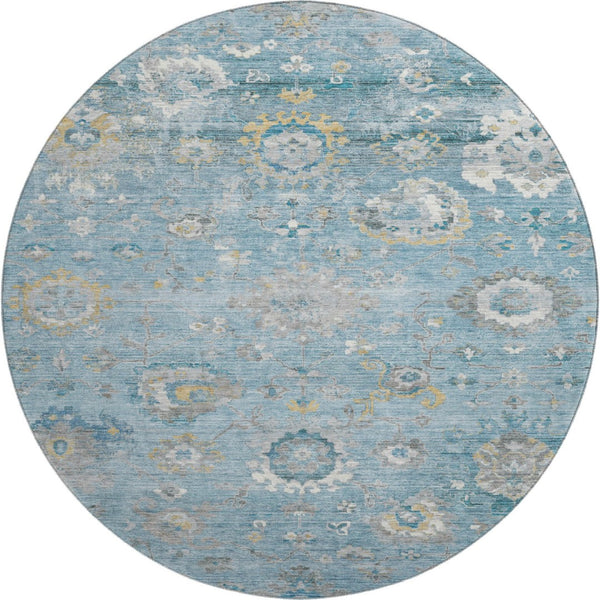 HomeRoots 8' X 8' Teal, Gold & Ivory Oriental Washable Round Rug - UV Protected, Non-Slip & Stain-Resistant! 693279