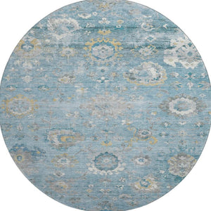 HomeRoots 8' X 8' Teal, Gold & Ivory Oriental Washable Round Rug - UV Protected, Non-Slip & Stain-Resistant! 693279