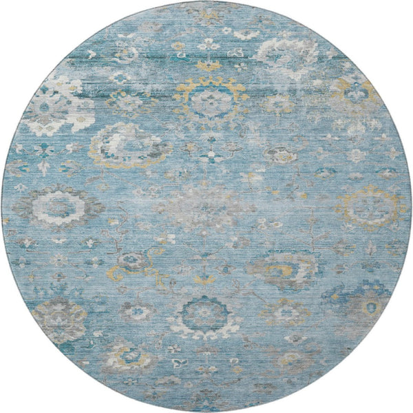 HomeRoots 8' X 8' Teal, Gold & Ivory Oriental Washable Round Rug - UV Protected, Non-Slip & Stain-Resistant! 693279