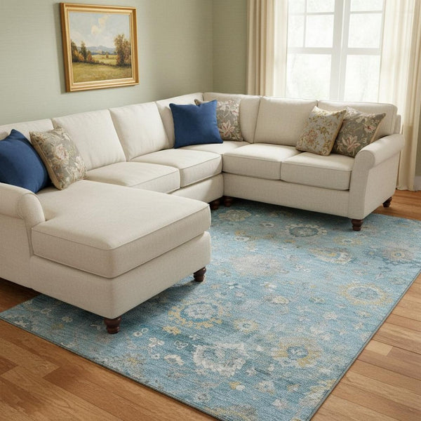 HomeRoots 8' Teal Gold and Ivory Oriental Area Rug - Durable, Washable, Stain-Resistant with UV Protection! 693280