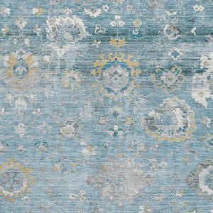 HomeRoots 8' Teal Gold and Ivory Oriental Area Rug - Durable, Washable, Stain-Resistant with UV Protection! 693280