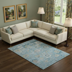 HomeRoots 9' X 12' Teal Gold Ivory Oriental Area Rug - Washable, UV Protected, Durable, Stylish for Homes 693281