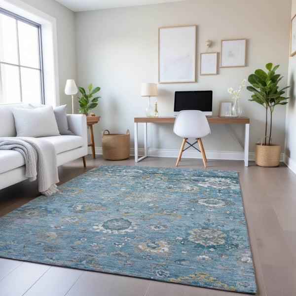 HomeRoots 9' X 12' Teal Gold Ivory Oriental Area Rug - Washable, UV Protected, Durable, Stylish for Homes 693281