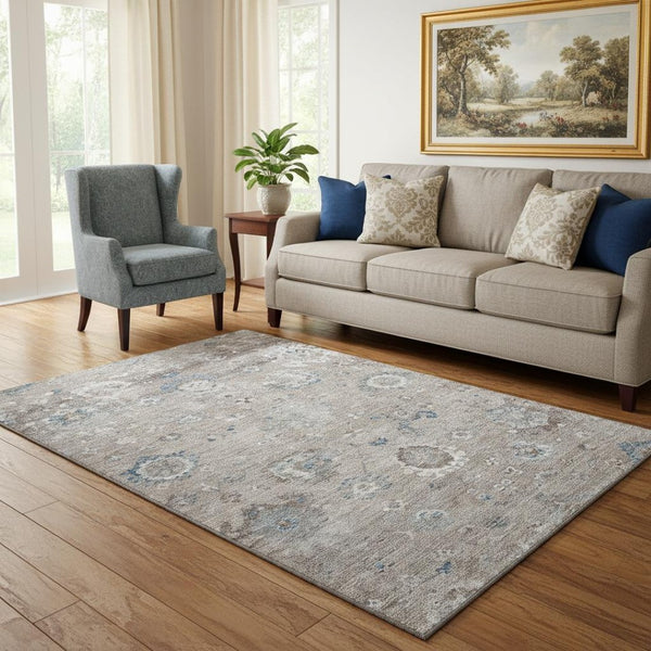 HomeRoots 5' X 8' Elegant Taupe Blue Beige Oriental Washable Area Rug with UV Protection & Stain Resistance 693284