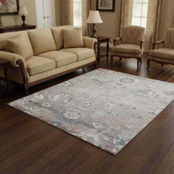 HomeRoots 8' Round Washable Oriental Rug in Taupe, Blue & Beige - Durable, UV-Protected, Pet-Friendly Design! 693285