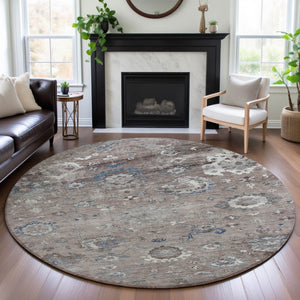 HomeRoots 8' Round Washable Oriental Rug in Taupe, Blue & Beige - Durable, UV-Protected, Pet-Friendly Design! 693285