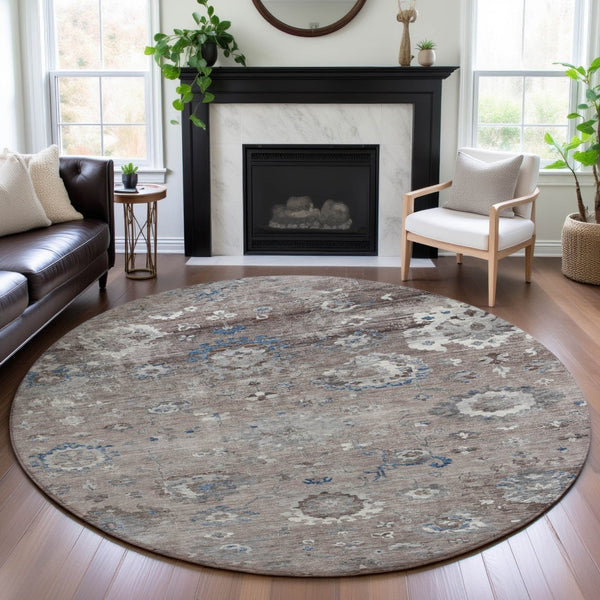 HomeRoots 8' Round Washable Oriental Rug in Taupe, Blue & Beige - Durable, UV-Protected, Pet-Friendly Design! 693285