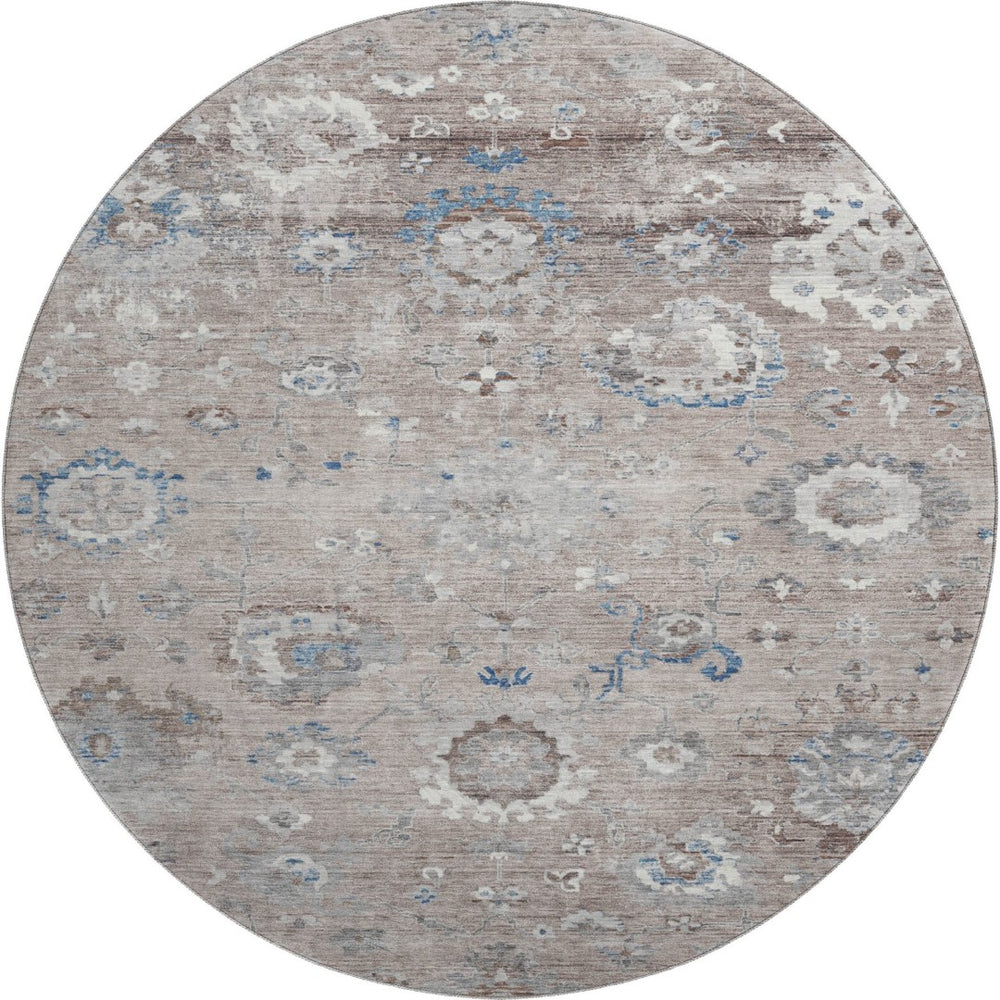 HomeRoots 8' Round Washable Oriental Rug in Taupe, Blue & Beige - Durable, UV-Protected, Pet-Friendly Design! 693285