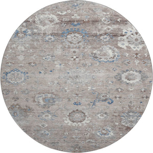 HomeRoots 8' Round Washable Oriental Rug in Taupe, Blue & Beige - Durable, UV-Protected, Pet-Friendly Design! 693285