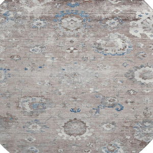 HomeRoots 8' Round Washable Oriental Rug in Taupe, Blue & Beige - Durable, UV-Protected, Pet-Friendly Design! 693285