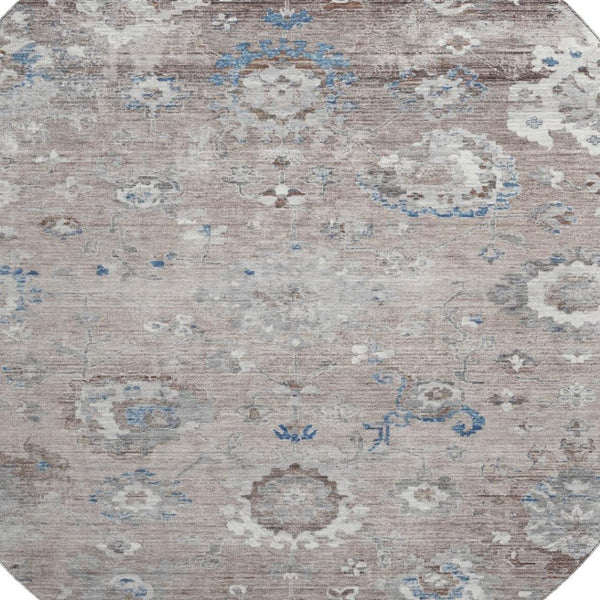 HomeRoots 8' Round Washable Oriental Rug in Taupe, Blue & Beige - Durable, UV-Protected, Pet-Friendly Design! 693285