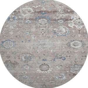 HomeRoots 8' Round Washable Oriental Rug in Taupe, Blue & Beige - Durable, UV-Protected, Pet-Friendly Design! 693285