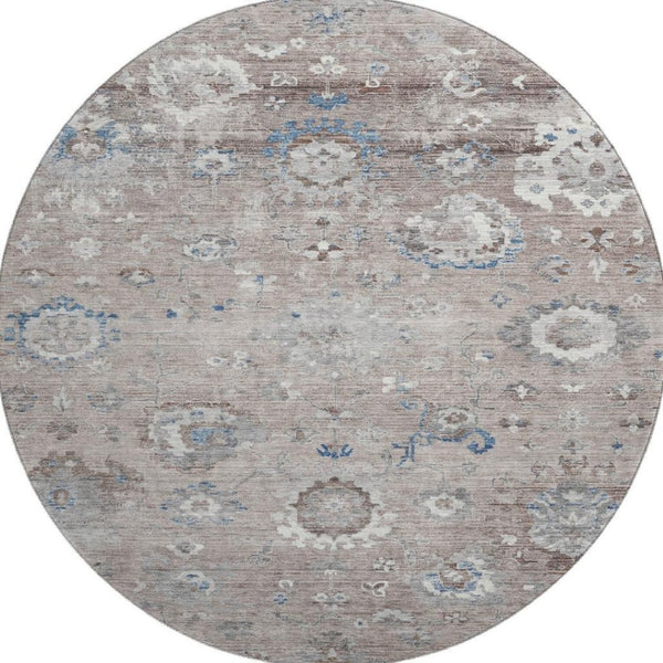 HomeRoots 8' Round Washable Oriental Rug in Taupe, Blue & Beige - Durable, UV-Protected, Pet-Friendly Design! 693285