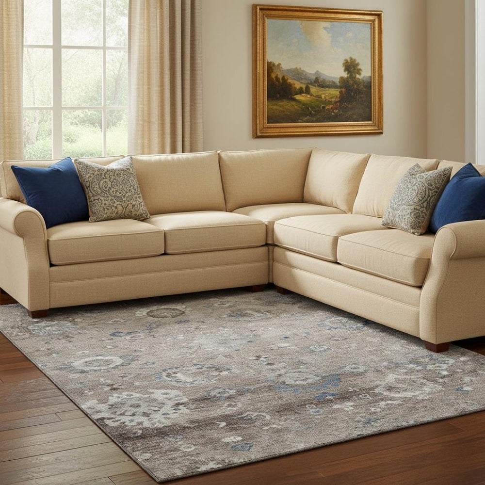 HomeRoots 8' Durable Taupe Blue and Beige Oriental Washable Area Rug – UV-Resistant for Modern Spaces! 693286