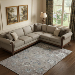 HomeRoots 9' Elegant Taupe Blue and Beige Oriental Area Rug - Washable, UV Protected, Stain Resistant Design 693287