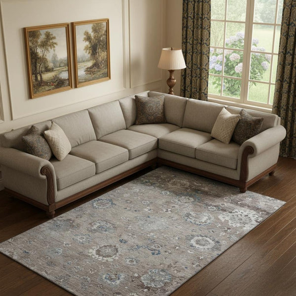 HomeRoots 9' Elegant Taupe Blue and Beige Oriental Area Rug - Washable, UV Protected, Stain Resistant Design 693287