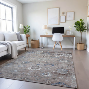 HomeRoots 9' Elegant Taupe Blue and Beige Oriental Area Rug - Washable, UV Protected, Stain Resistant Design 693287