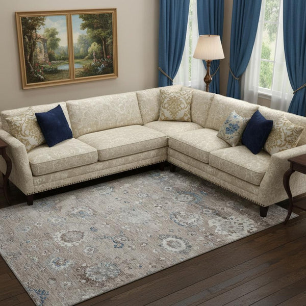 HomeRoots 10' Taupe, Blue & Beige Oriental Washable Area Rug - UV Protected, Stain-Resistant & Non-Slip! 693288