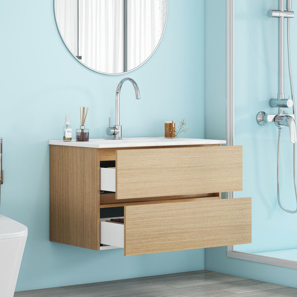 English Elm 32-Inch Wall-Mounted Bathroom Vanity With Soft-Close Drawers, Ceramic Sink & Modern Design Finish W3151S00041