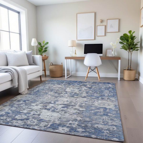 HomeRoots 5' X 8' Blue Gray Silver Floral Area Rug - Washable, UV Protected, Durable, Stain Resistant Design 693290