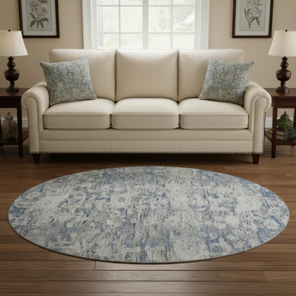 HomeRoots 8' X 8' Blue Gray Floral Washable Round Rug - Stain Resistant, UV Protected, Ideal for High-Traffic Areas 693291