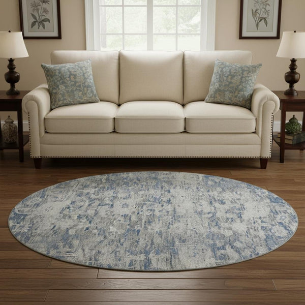 HomeRoots 8' X 8' Blue Gray Floral Washable Round Rug - Stain Resistant, UV Protected, Ideal for High-Traffic Areas 693291