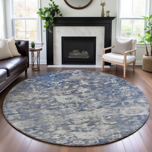 HomeRoots 8' X 8' Blue Gray Floral Washable Round Rug - Stain Resistant, UV Protected, Ideal for High-Traffic Areas 693291