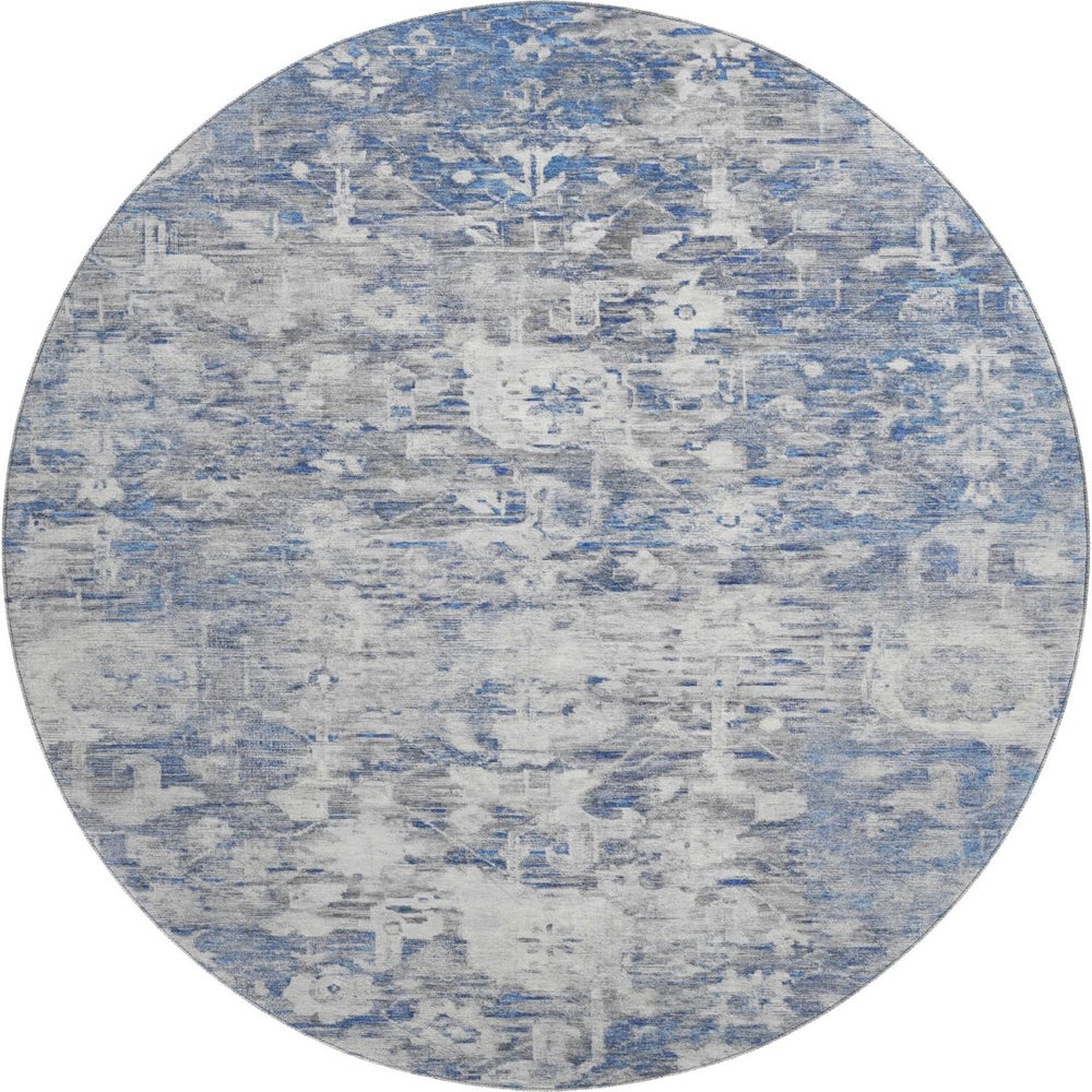 HomeRoots 8' X 8' Blue Gray Floral Washable Round Rug - Stain Resistant, UV Protected, Ideal for High-Traffic Areas 693291