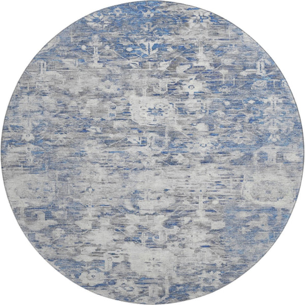 HomeRoots 8' X 8' Blue Gray Floral Washable Round Rug - Stain Resistant, UV Protected, Ideal for High-Traffic Areas 693291