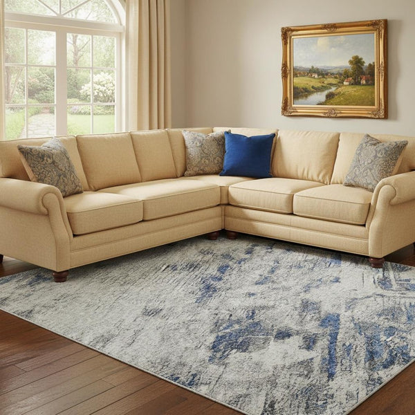 HomeRoots 8' Elegant Blue Gray and Silver Floral Washable Area Rug - Stain Resistant, UV Protected, Durable Design 693292