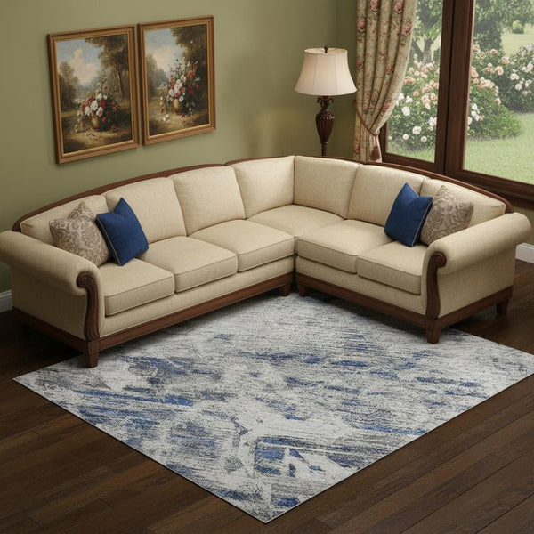 HomeRoots 10' X 14' Blue Gray Silver Floral Area Rug - Washable, UV Protected, Non-Slip & Stain Resistant Comfort 693294