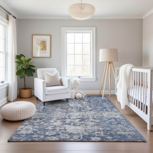 HomeRoots 10' X 14' Blue Gray Silver Floral Area Rug - Washable, UV Protected, Non-Slip & Stain Resistant Comfort 693294