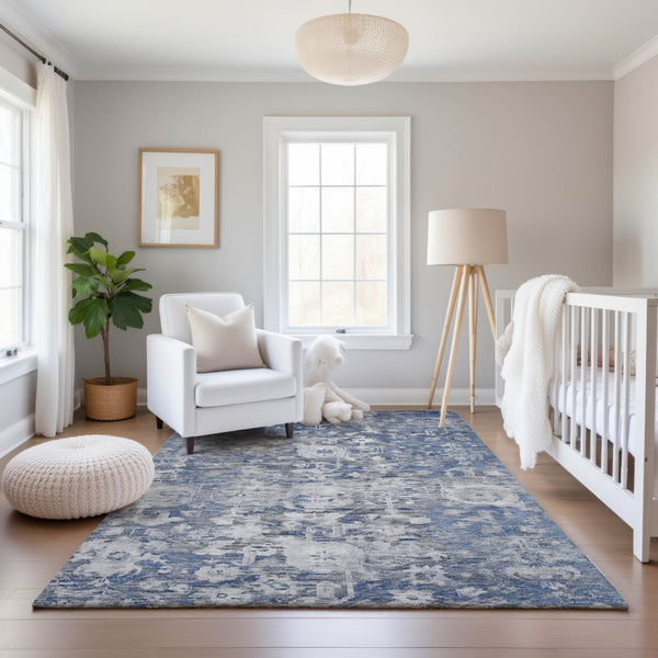 HomeRoots 10' X 14' Blue Gray Silver Floral Area Rug - Washable, UV Protected, Non-Slip & Stain Resistant Comfort 693294