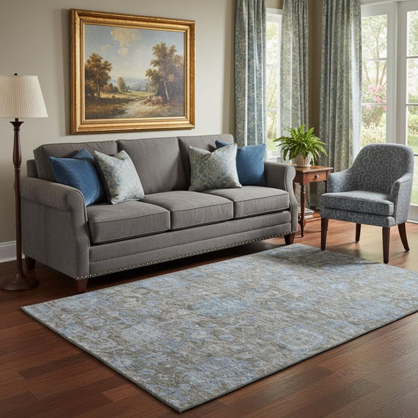 HomeRoots 5' X 8' Gray and Blue Floral Area Rug – Washable, UV Protected, Durable, Family-Friendly Design 693296