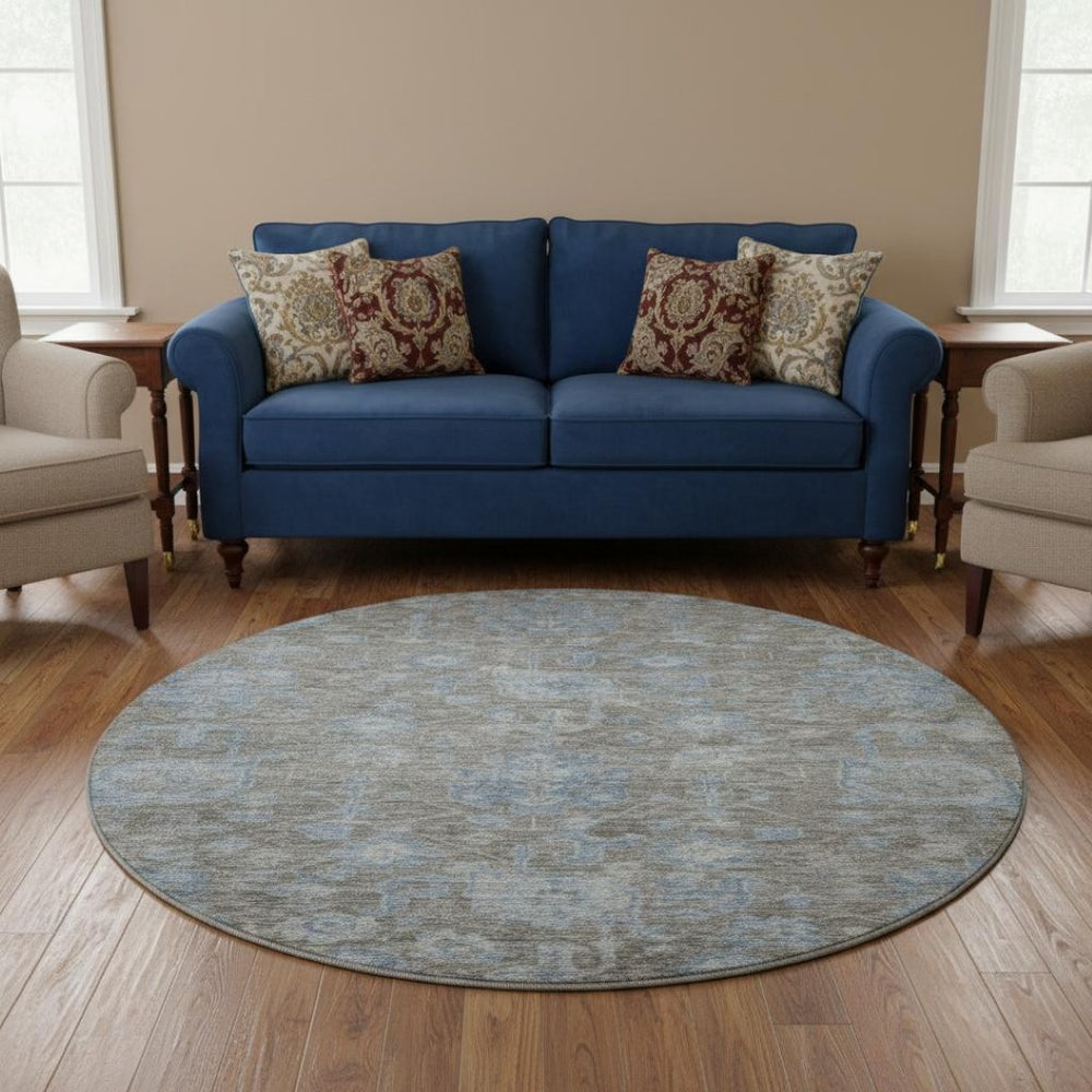 HomeRoots 8' Round Gray and Blue Floral Rug - Washable, UV-Protected, Non-Slip, Perfect for Any Room! 693297