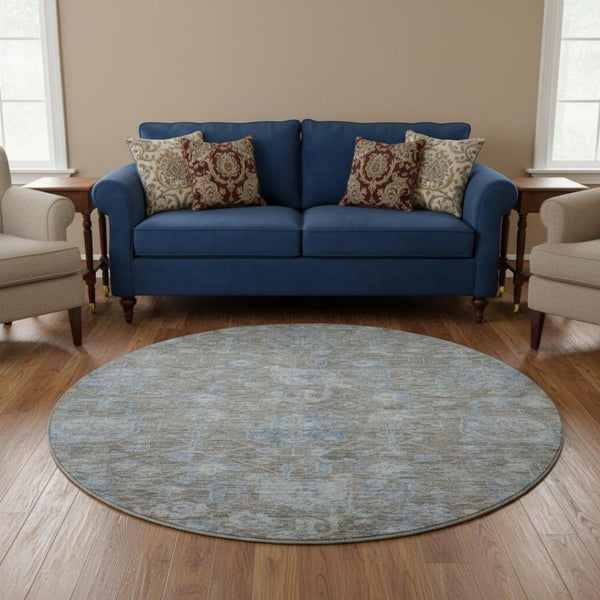 HomeRoots 8' Round Gray and Blue Floral Rug - Washable, UV-Protected, Non-Slip, Perfect for Any Room! 693297