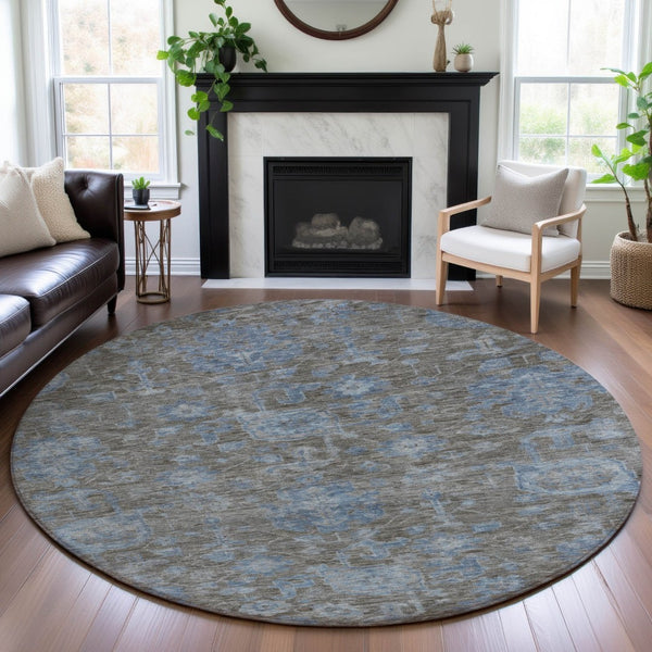 HomeRoots 8' Round Gray and Blue Floral Rug - Washable, UV-Protected, Non-Slip, Perfect for Any Room! 693297