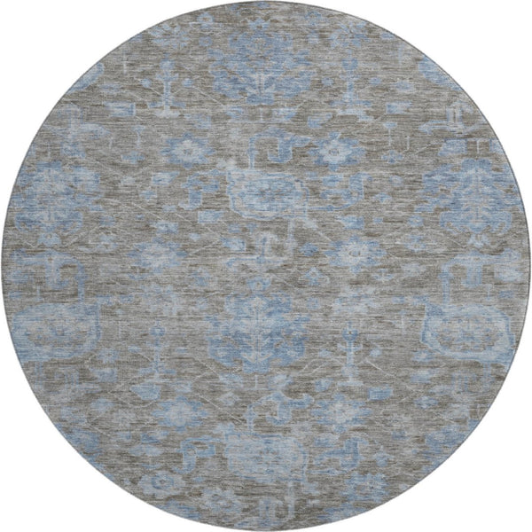 HomeRoots 8' Round Gray and Blue Floral Rug - Washable, UV-Protected, Non-Slip, Perfect for Any Room! 693297