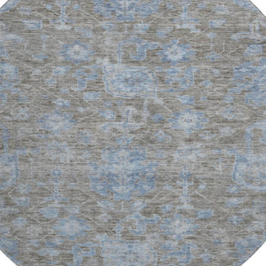 HomeRoots 8' Round Gray and Blue Floral Rug - Washable, UV-Protected, Non-Slip, Perfect for Any Room! 693297