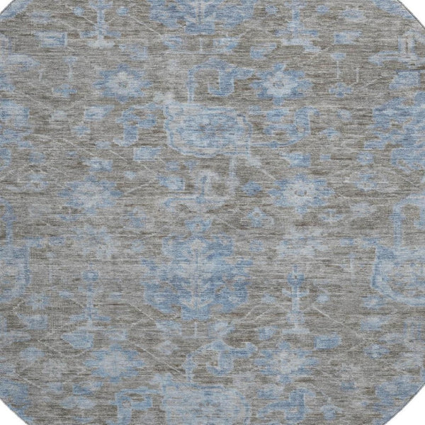 HomeRoots 8' Round Gray and Blue Floral Rug - Washable, UV-Protected, Non-Slip, Perfect for Any Room! 693297