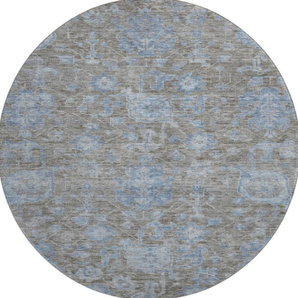 HomeRoots 8' Round Gray and Blue Floral Rug - Washable, UV-Protected, Non-Slip, Perfect for Any Room! 693297